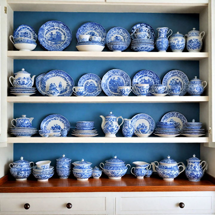 blue and white dishware display idea