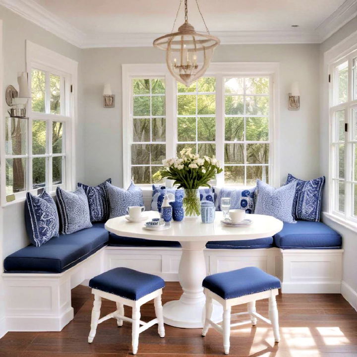 blue and white kitchen dining nook