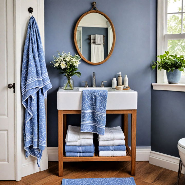 blue and white linens for bathroom