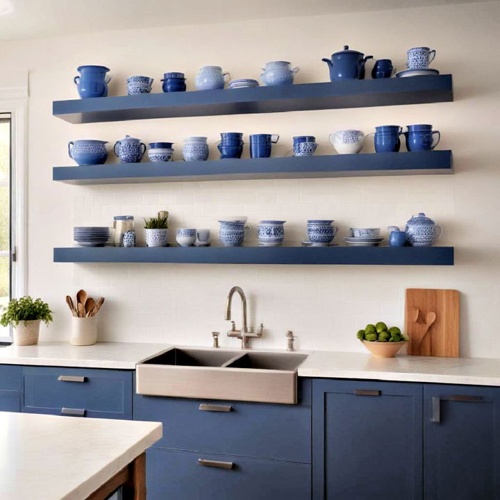 blue and white open shelving design