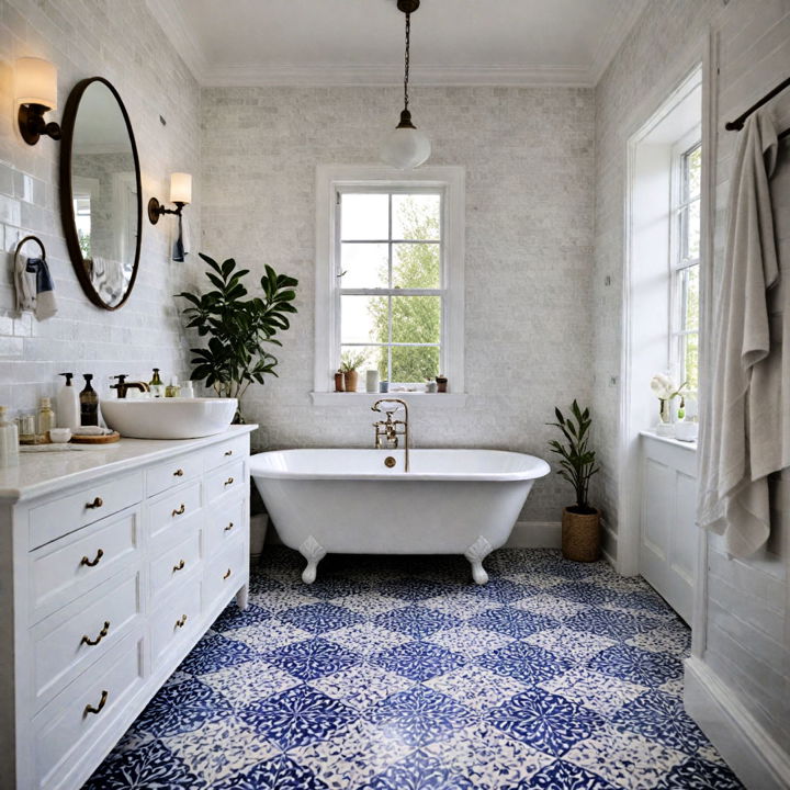 blue and white patterned floor for bathroom