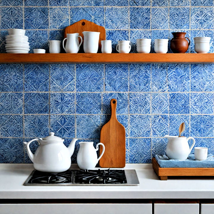 blue and white textured backsplash