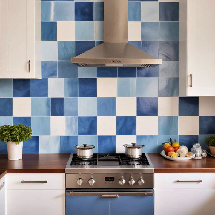 blue and white tiles kitchen