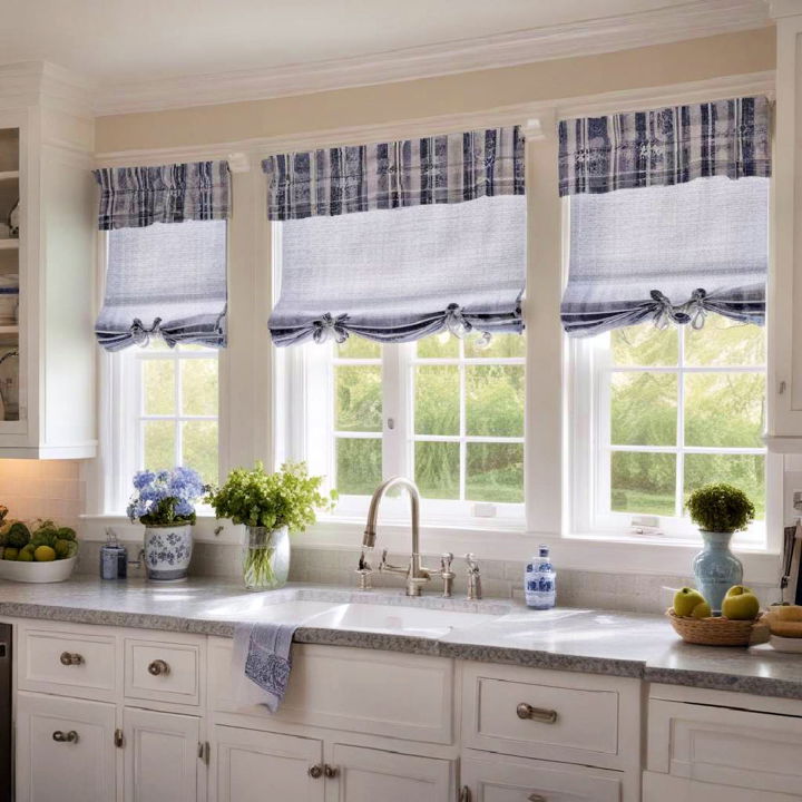 blue and white window treatments