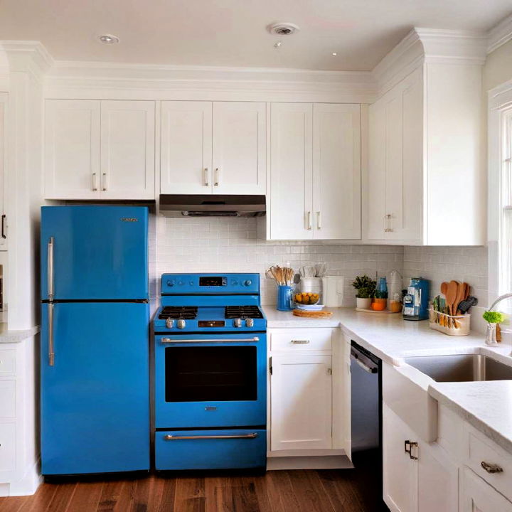 blue appliances with white kitchen cabinets