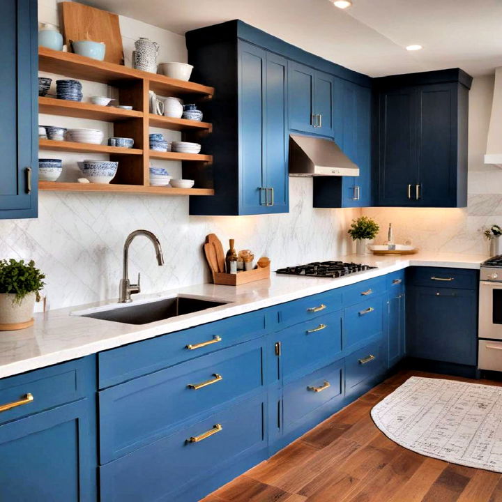 blue cabinets and white countertop