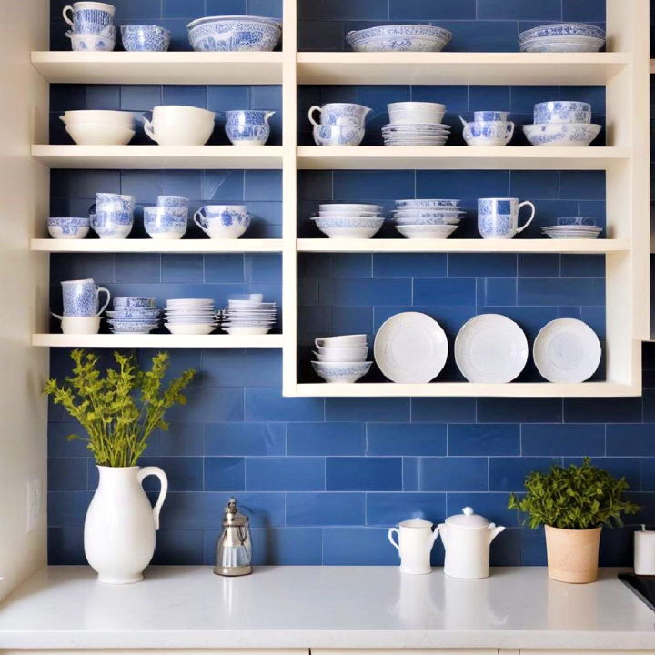 blue kitchen backsplash with white shelving