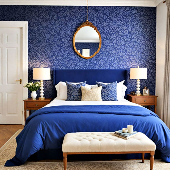 blue patterned wallpaper for bedroom