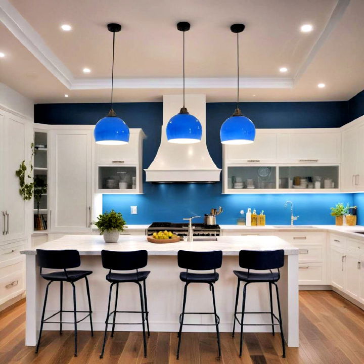 blue pendant lights with white ceiling