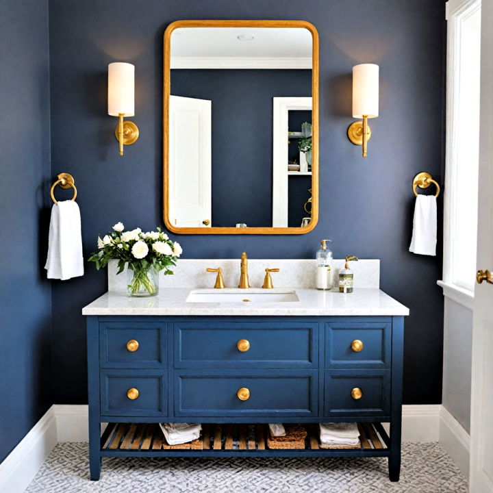 blue vanity with gold hardware