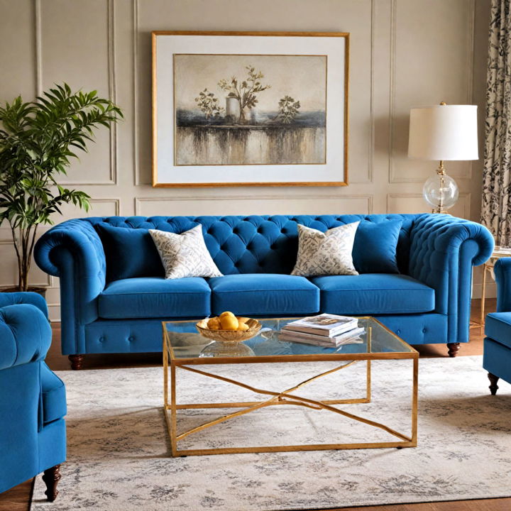 blue velvet living room couch