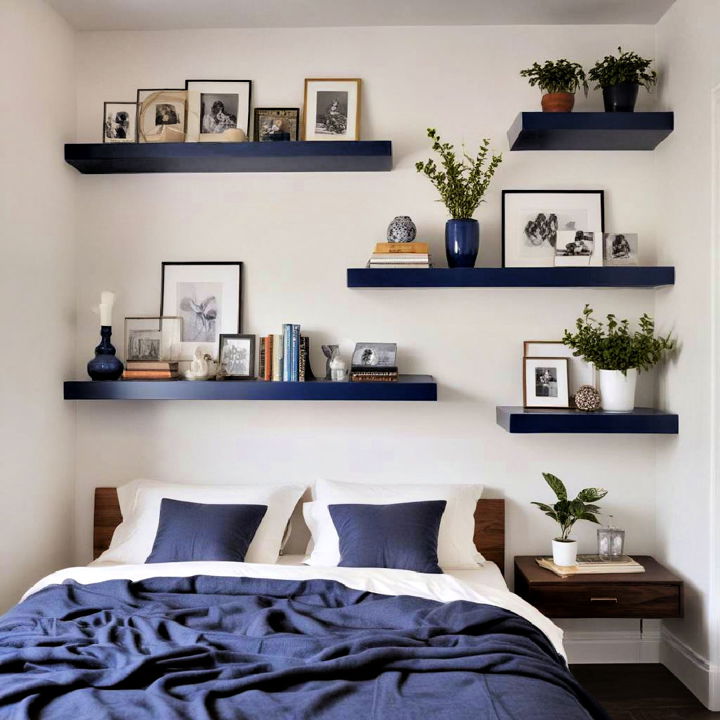 blue wall shelves for storage and display