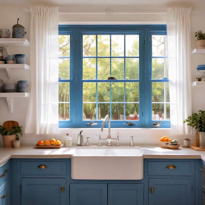 blue window frames with white curtains