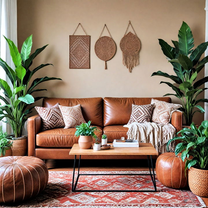 bohemian living room with brown leather couch