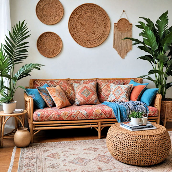 bohemian rattan couch with colorful cushions