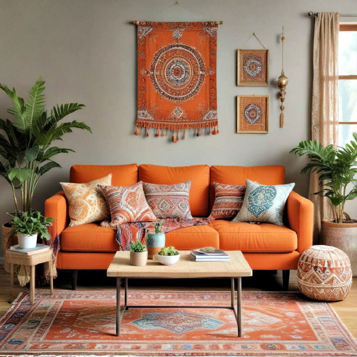 bohemian sty orange couch decor