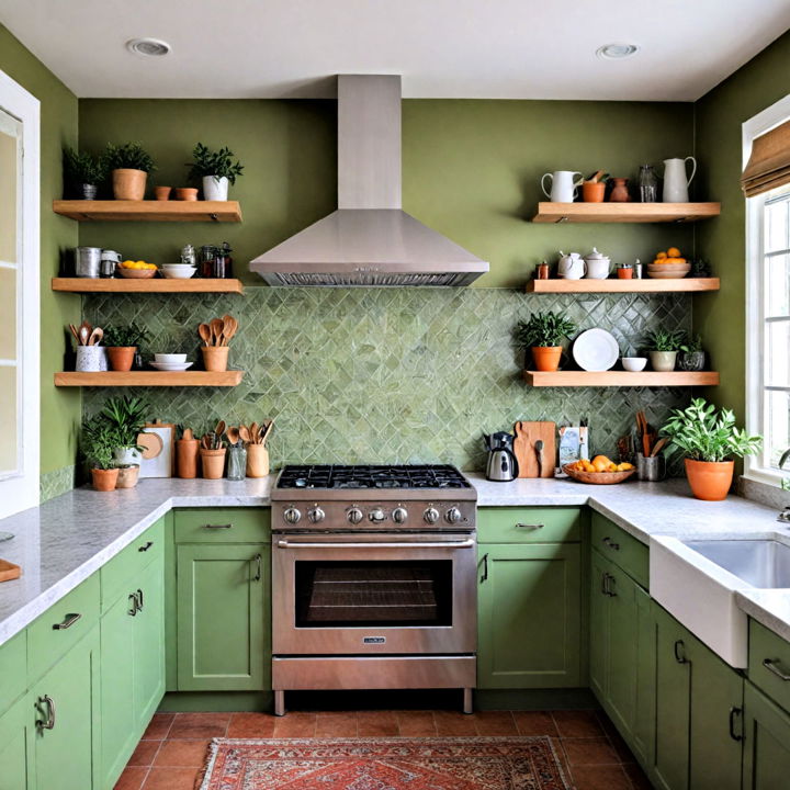 bold and artistic olive green kitchen