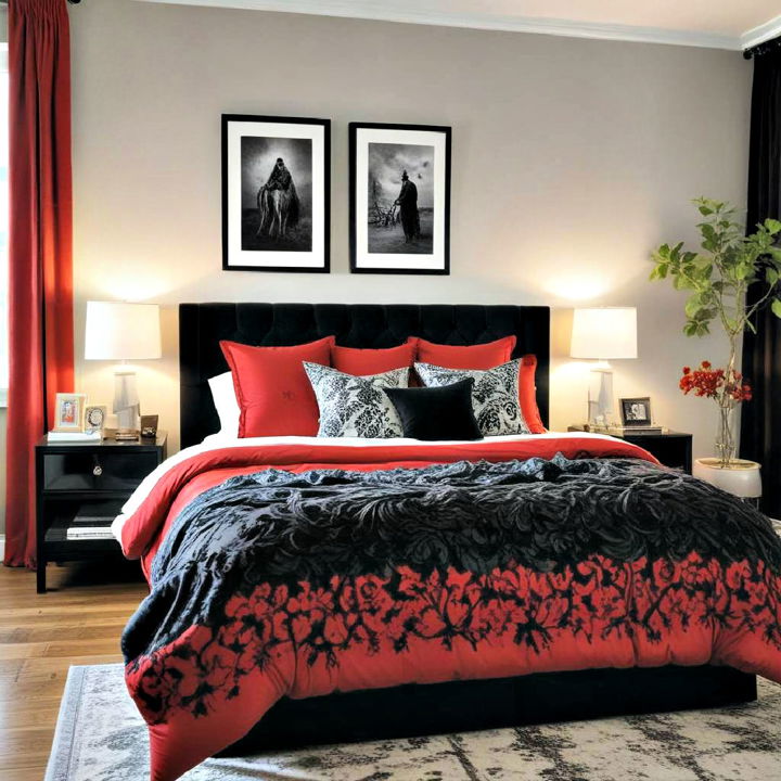 bold bedding red and black bedroom