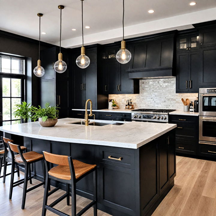 bold statement black cabinets with white countertop design