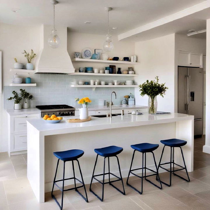 breakfast bar with blue stools