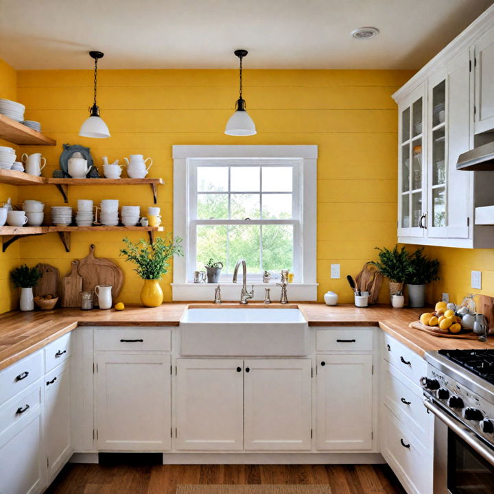 bright yellow shiplap backsplash for kitchen