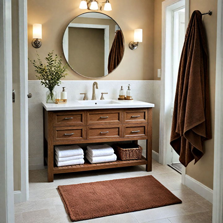 brown towel and rug for bathroom