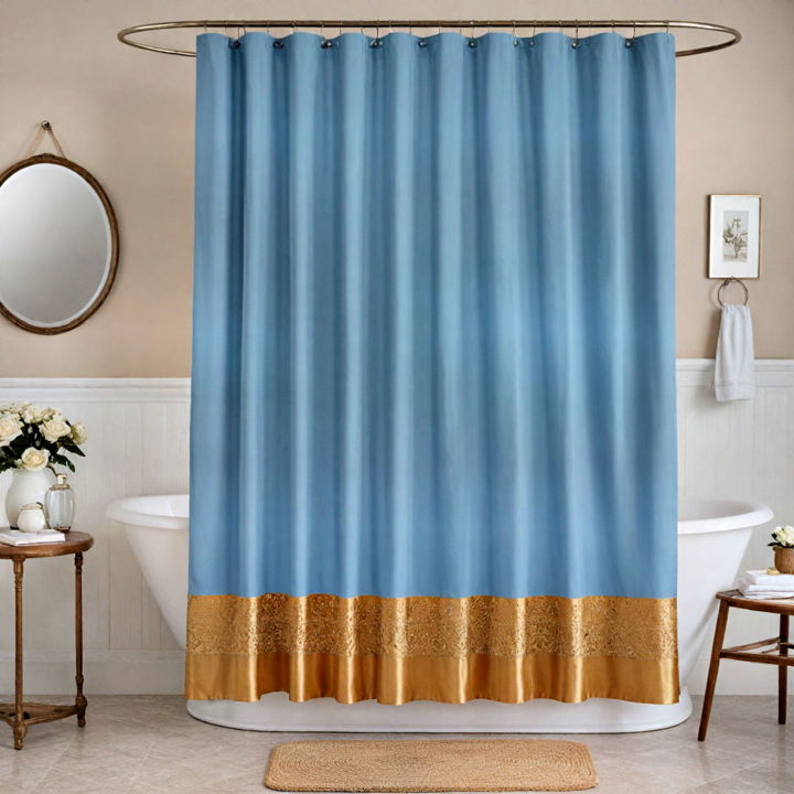 budget friendly blue shower curtains with gold linings