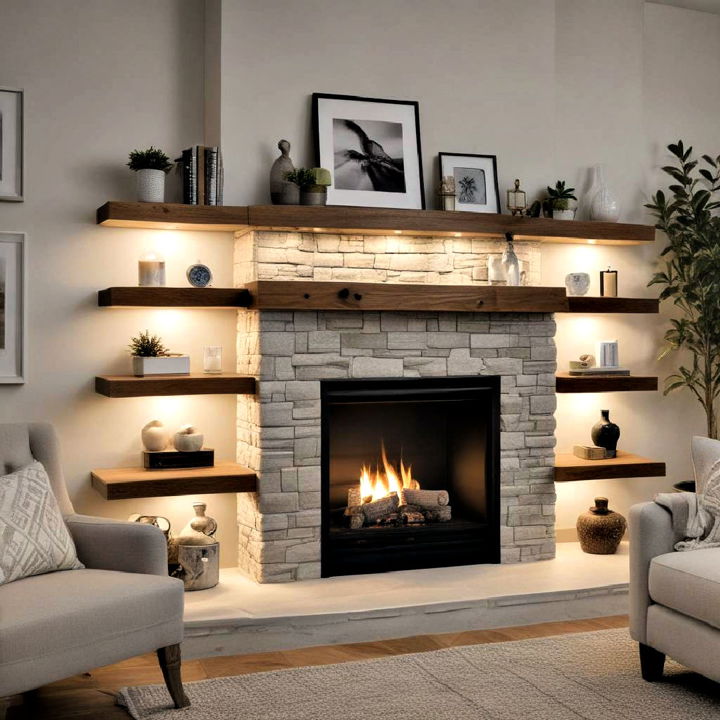 built in lighting shelves around fireplace