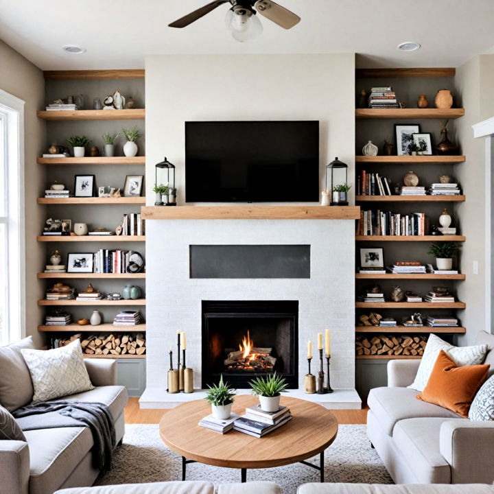 built in shelving around fireplace