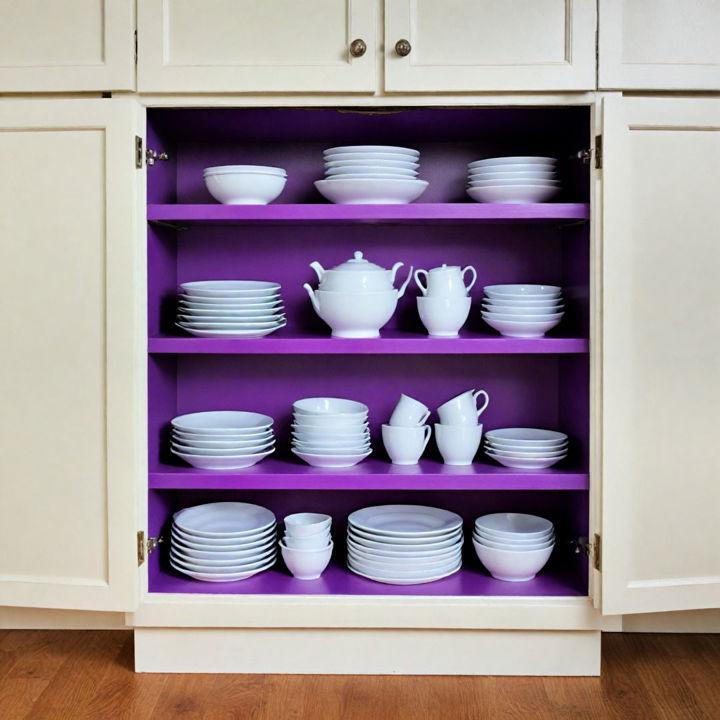 cabinets with purple shelf liners