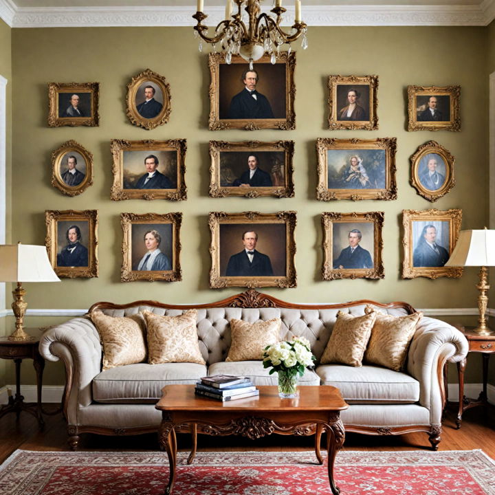 classic family portraits in ornate frames decor