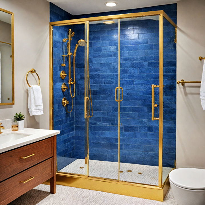 classic gold shower door with blue tiles