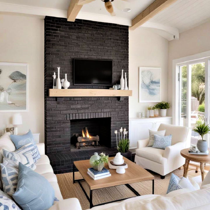 coastal retreat black brick fireplace