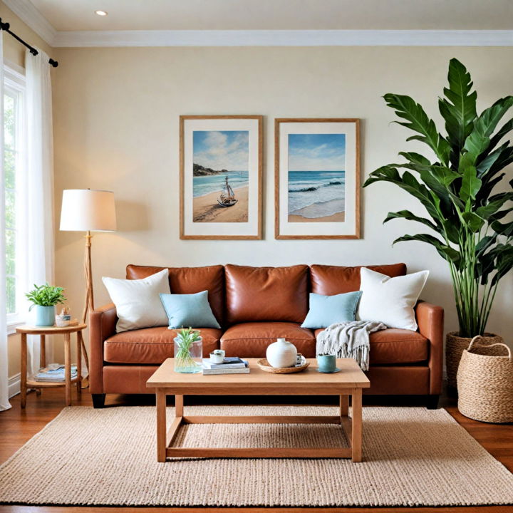 coastal retreat by pairing brown leather couch