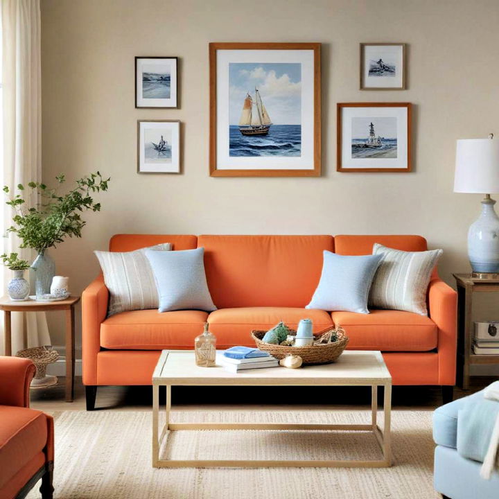 coastal vibes with an orange couch for living room