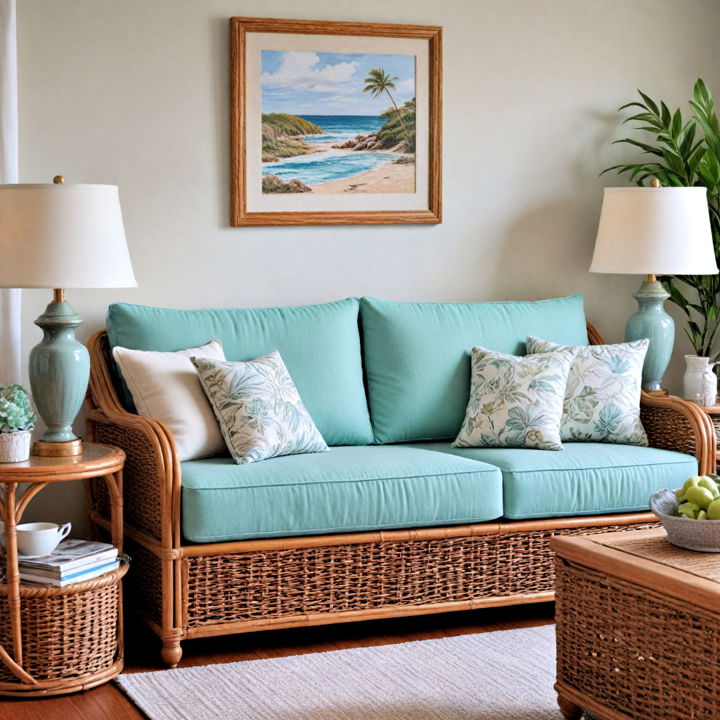 coastal wicker seafoam green living room couch