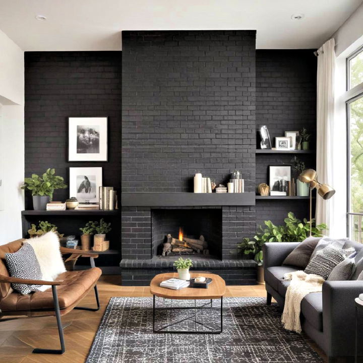 contemporary contrast black brick fireplace