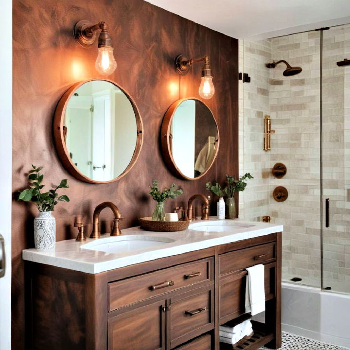 copper fixtures for brown bathroom