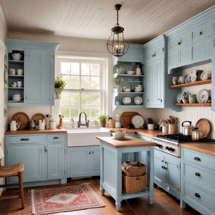 country cottage with light blue kitchen cabinets