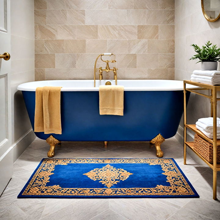 cozy and stylish blue and gold bath mats