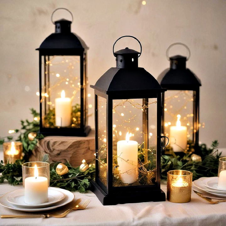 cozy black lanterns with gold fairy lights