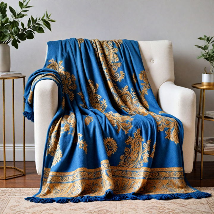 cozy blue and gold throw blanket