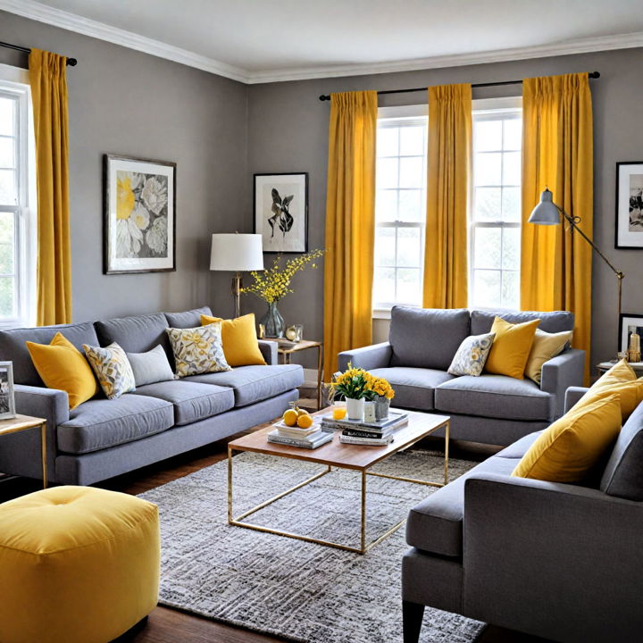 cozy contrast grey and yellow living room