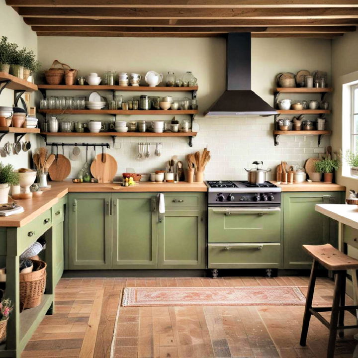 cozy farmhouse olive green kitchen