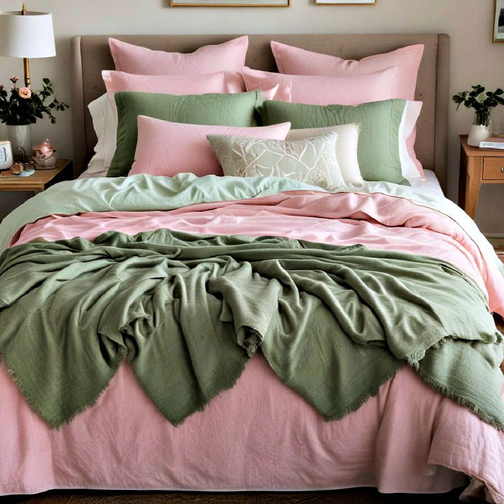 cozy pink and green bedding layers