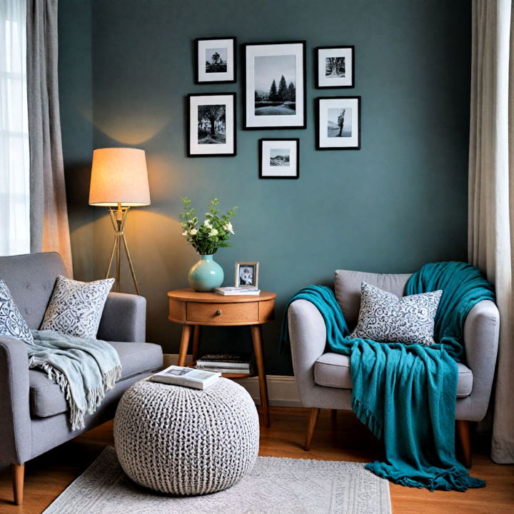 cozy reading nook for teal and grey bedroom