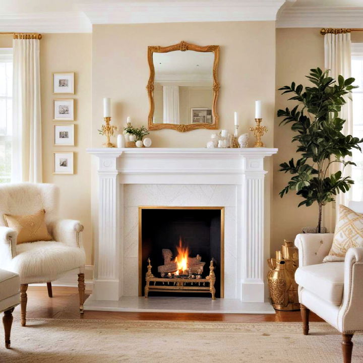 cozy white fireplace with gold accents