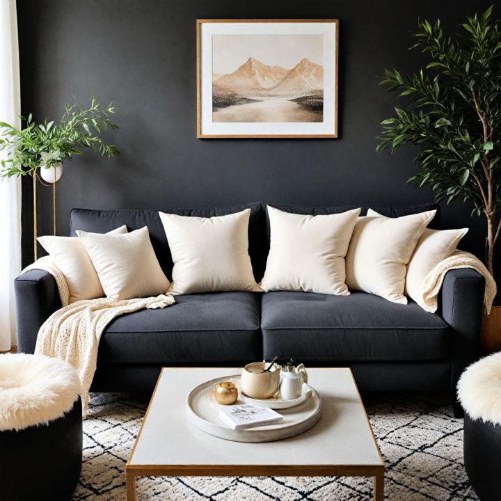 cream throw pillows on a black sofa