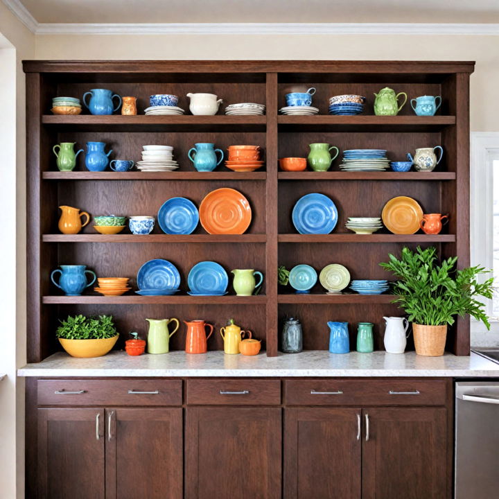 dark wood cabinets with open shelving