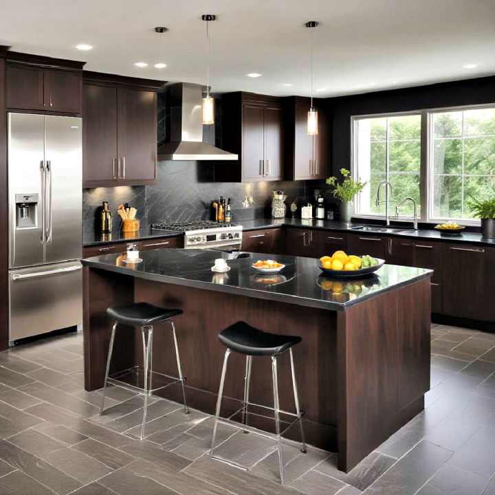 dark wood cabinets with sleek black countertop